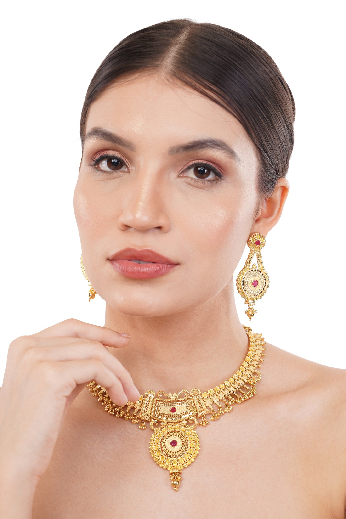 Elegant 1Gm Gold Necklace and Earring Set with Ruby Accents