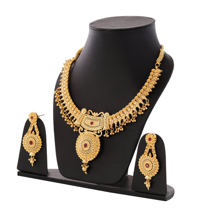 Elegant 1Gm Gold Necklace and Earring Set with Ruby Accents