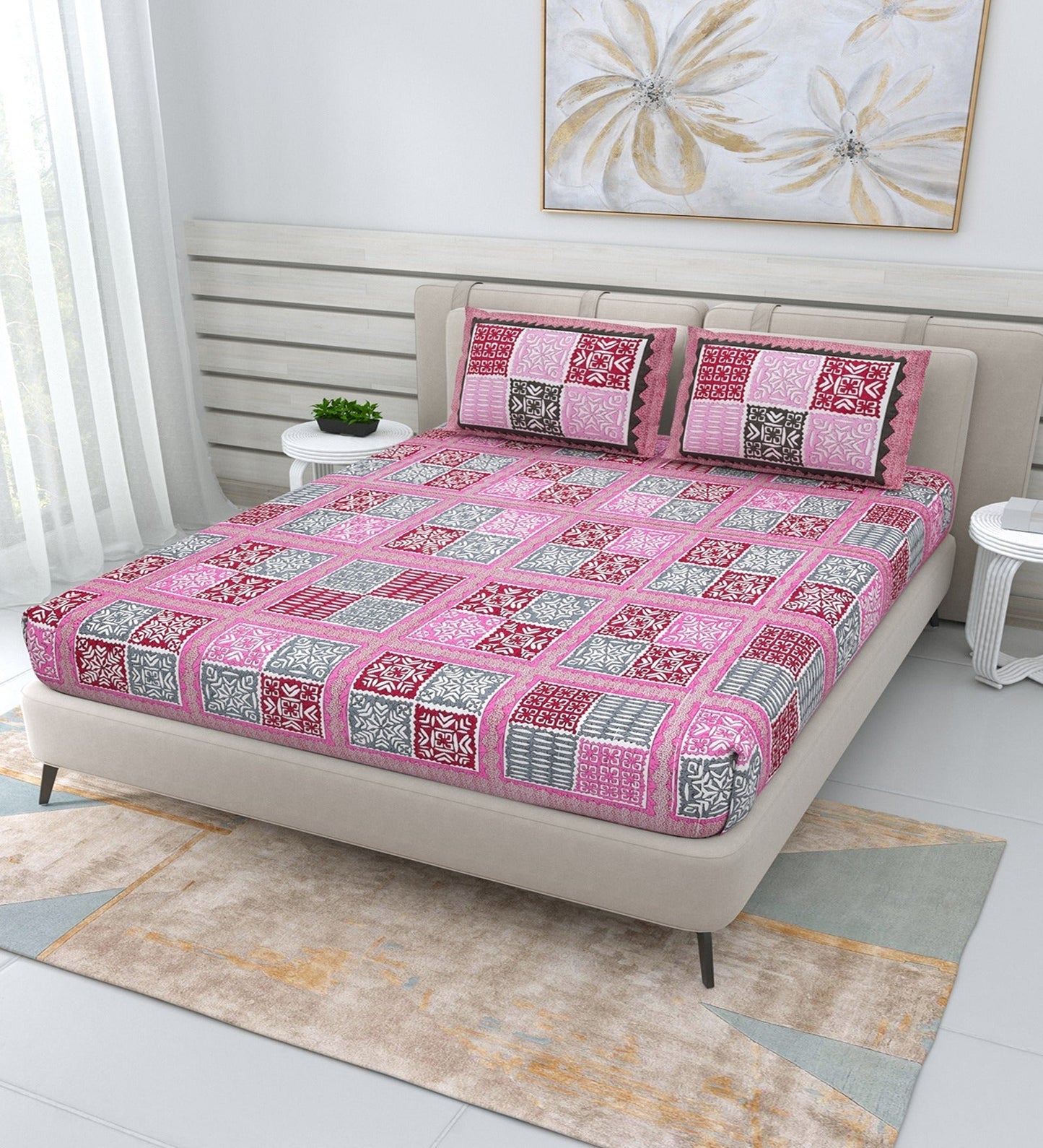 100% Cotton Bedsheet for Double Bed Queen Size with Pillow Cover Set, 220 TC